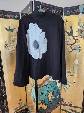 Flared Sleeves Long Sleeves Flower Print High Neck T-Shirt.